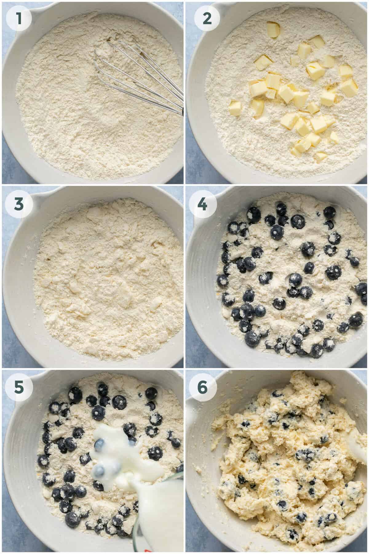 Steps 1 to 6 for the blueberry muffin recipe