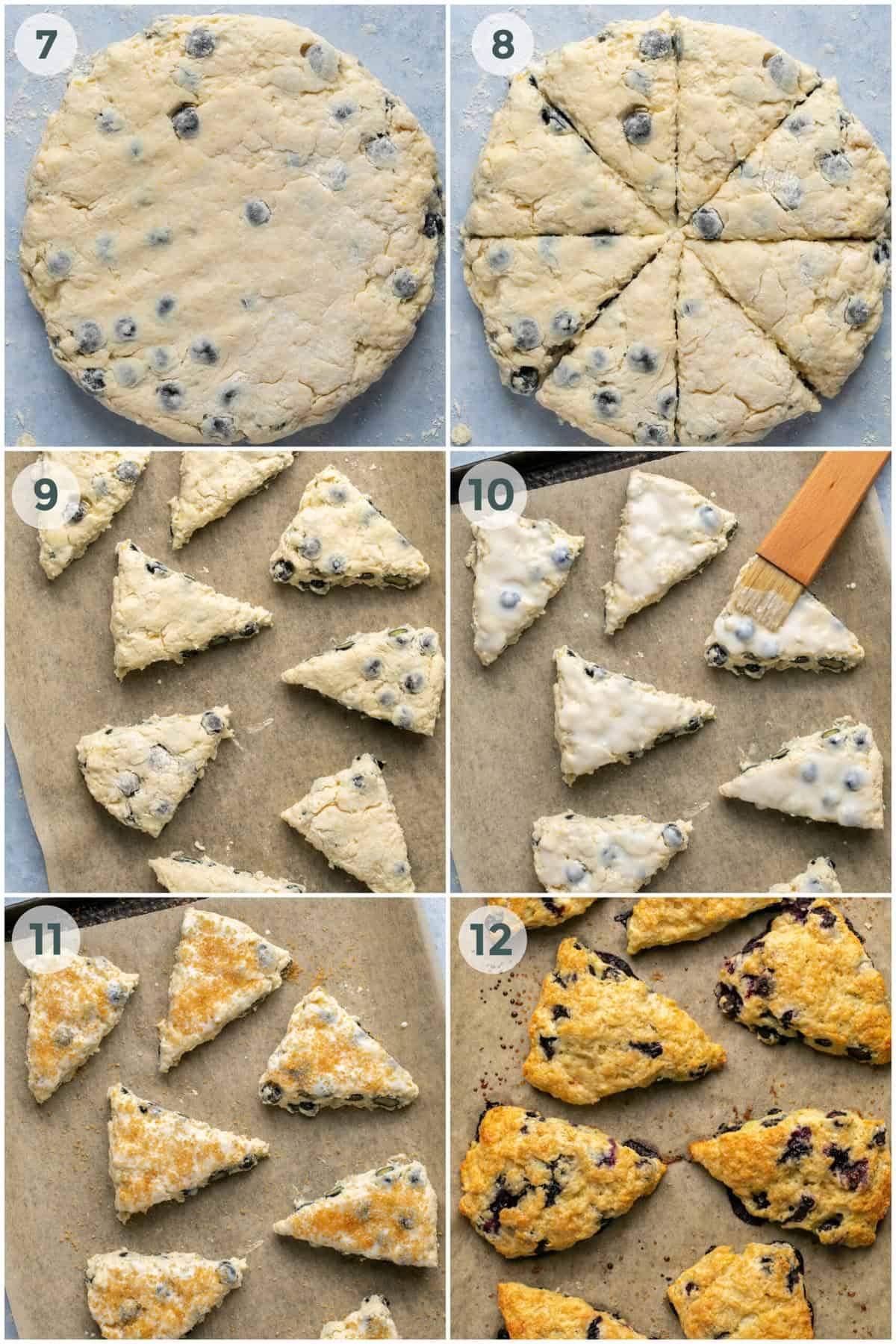 Steps 7 to 12 for the blueberry muffin recipe