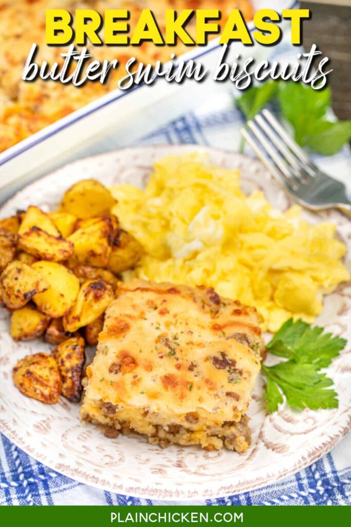 Plate of sausages and biscuits smothered in butter with cheese and text overlay