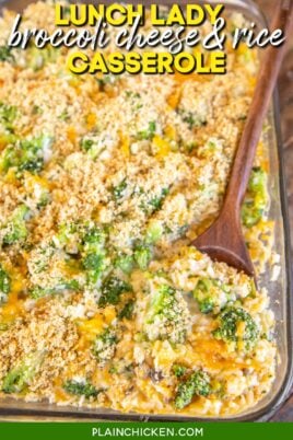 Remove broccoli rice casserole from baking dish with text overlay