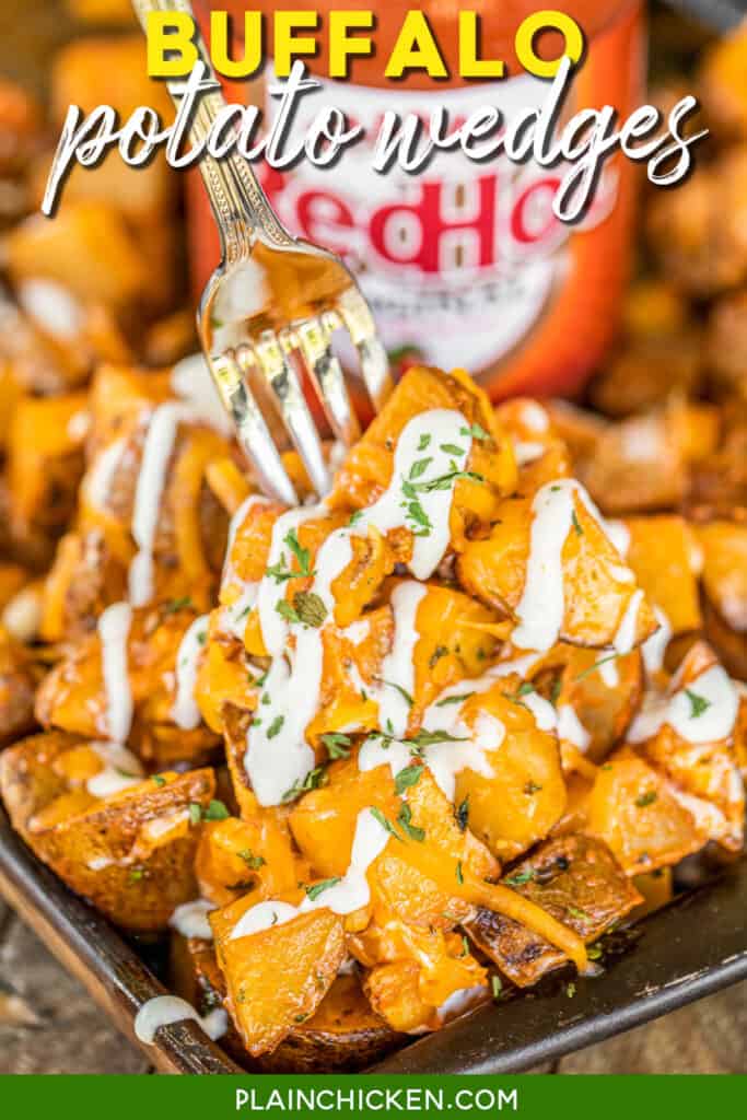 Baking dish with sautéed potatoes in buffalo sauce