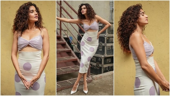 Taapsee Pannu’s glamorous style is at its peak as she keeps delivering back-to-back chic looks. After making waves with her stunning saree styles, she now turns heads in a cut-out bodycon dress. This chic number features spaghetti straps and a body-hugging silhouette adorned with a playful purple polka dot print. (Instagram)