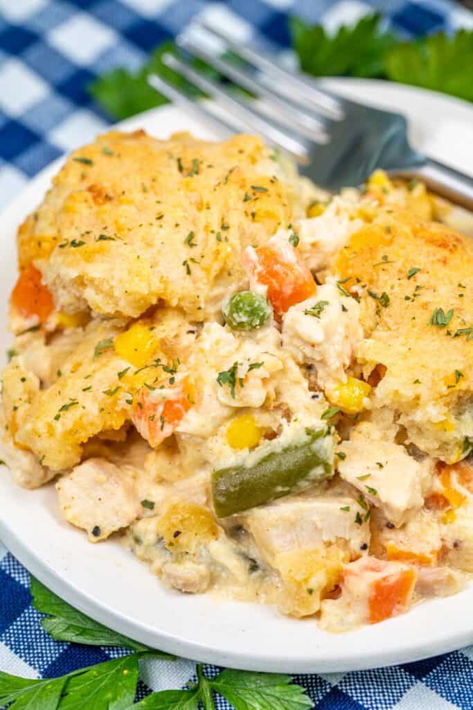 Chicken pot pie plate with cheddar and bay biscuits