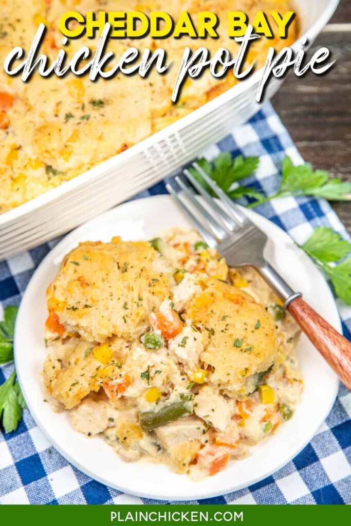 Plate of chicken pot pie with cheddar and bay biscuits with text overlay