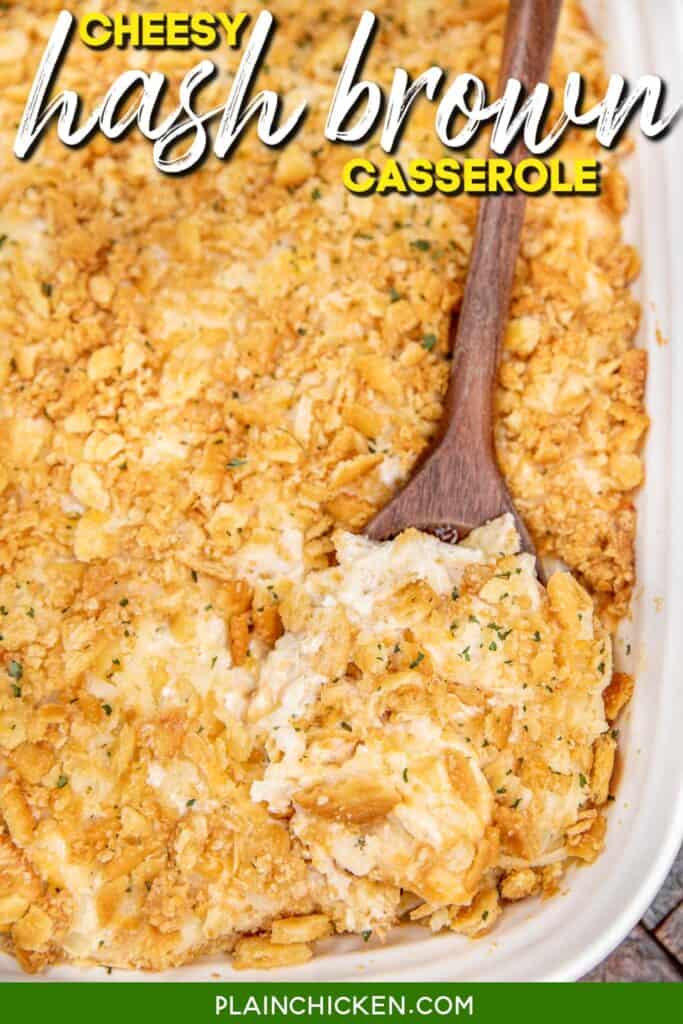 Scooping a casserole of fries out of a baking dish with text overlay