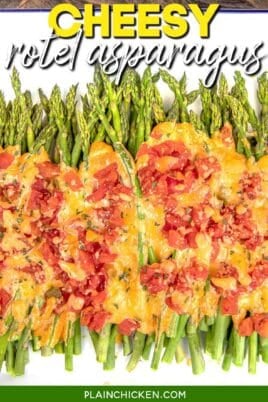 Asparagus topped with cheese and rotisserie in a baking dish with text overlay