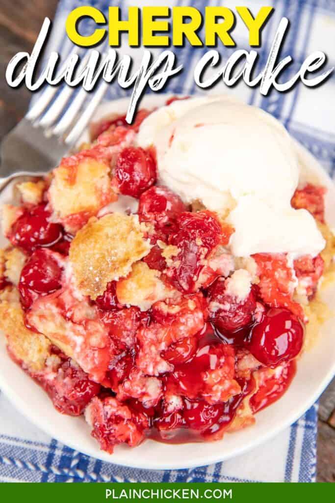 Plate of cherry pie topped with ice cream with text overlay