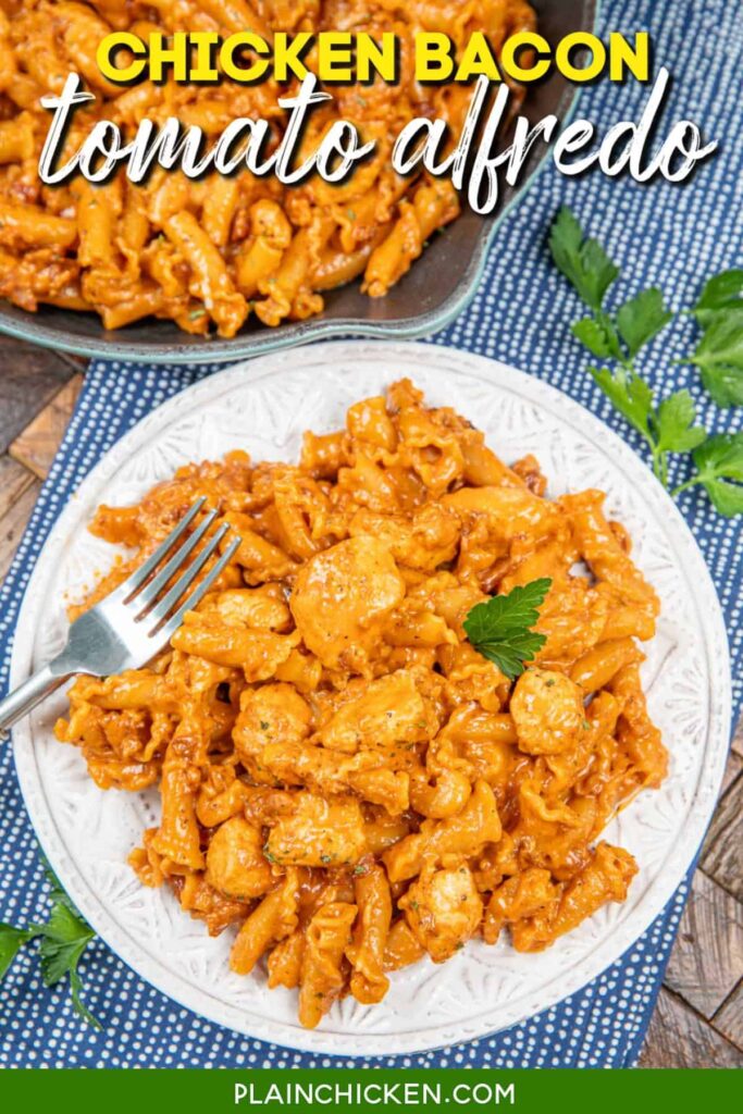 Pasta dish with chicken and text overlay