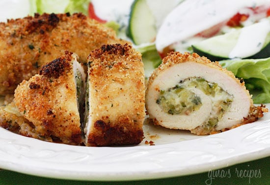 Chicken breast stuffed with shredded zucchini, garlic and mozzarella cheese, rolled up then dipped in oil and fresh lemon juice, breaded and baked to perfection!