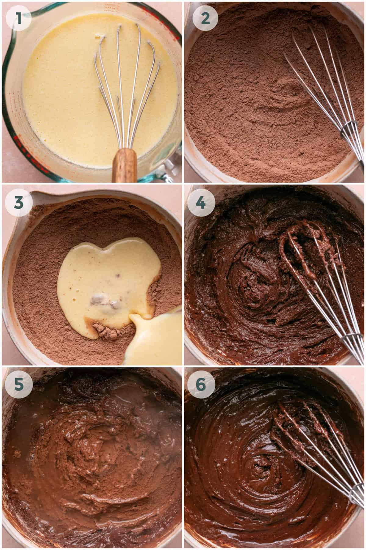 Steps 1 to 6 to make a chocolate cake with strawberry frosting