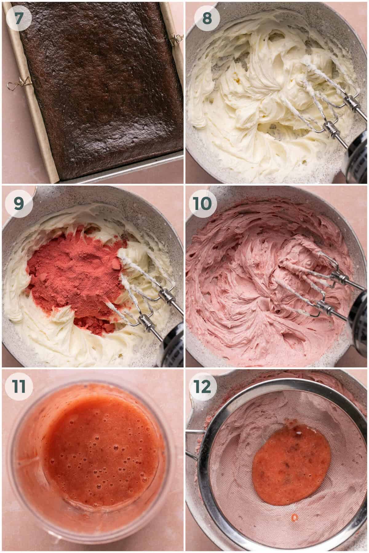 Steps 7-12 to make a chocolate cake with strawberry frosting