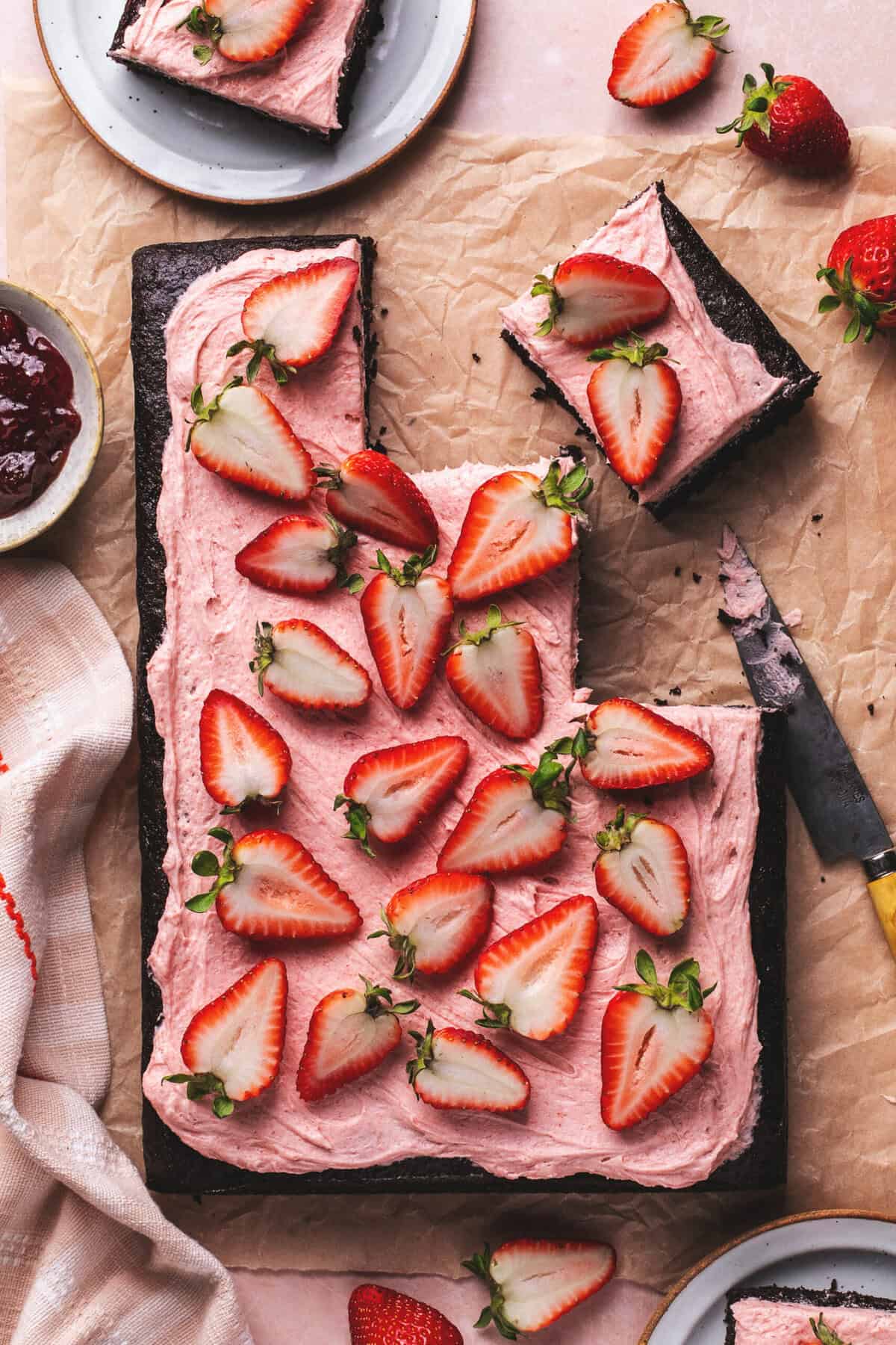 Chocolate cake with some portions cut out