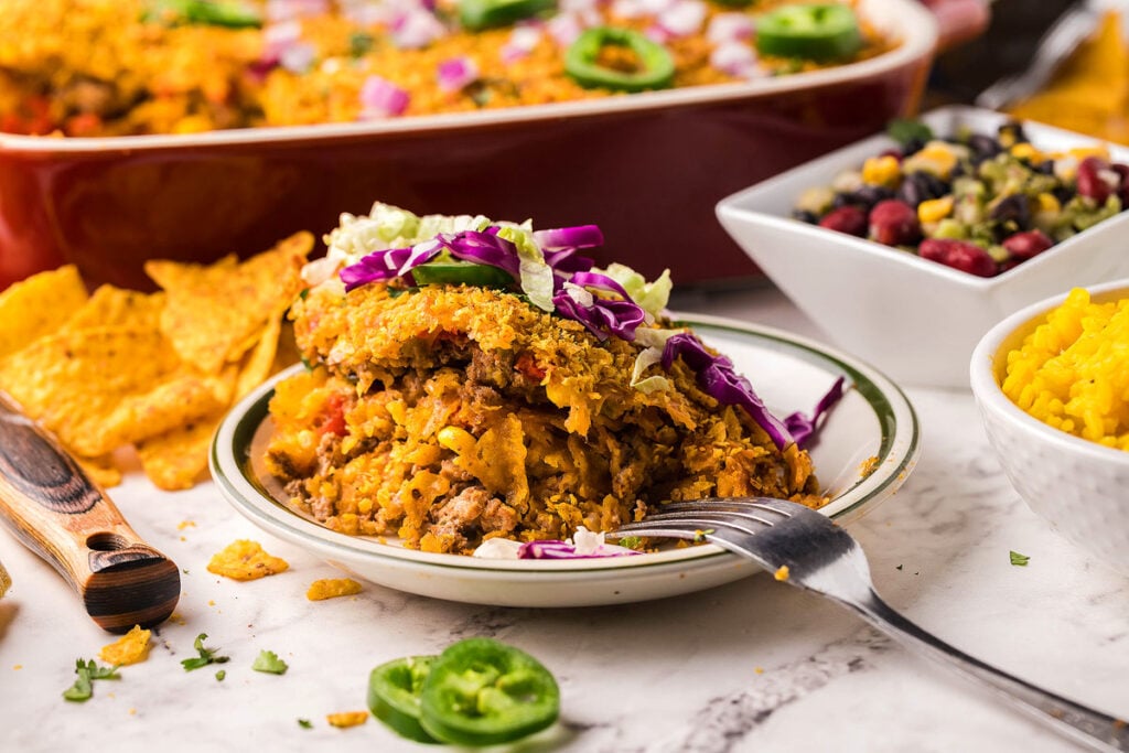 Ranch-style turkey taco casserole on a white plate.