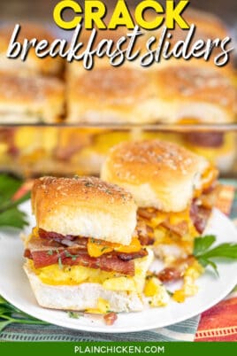 Bacon, egg and cheese sandwiches on a plate with text overlay