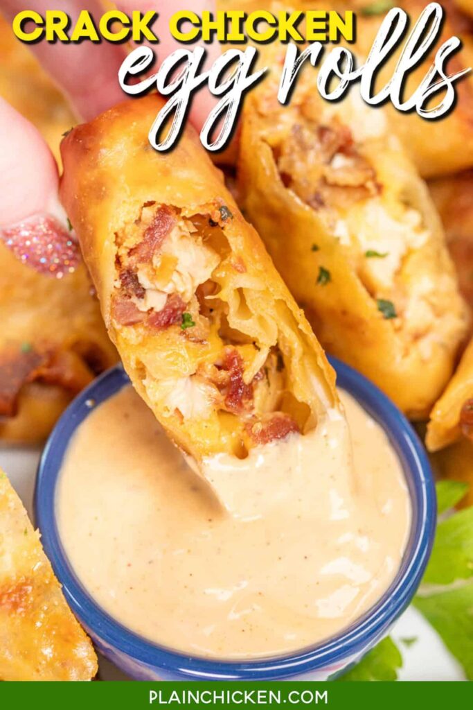 Dipping a chicken egg roll in ranch dressing with text overlay