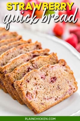 Slices of strawberry bread on a tray with text overlay