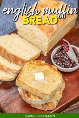 Slices of bread tasted on a cutting board with jam and butter with text overlay