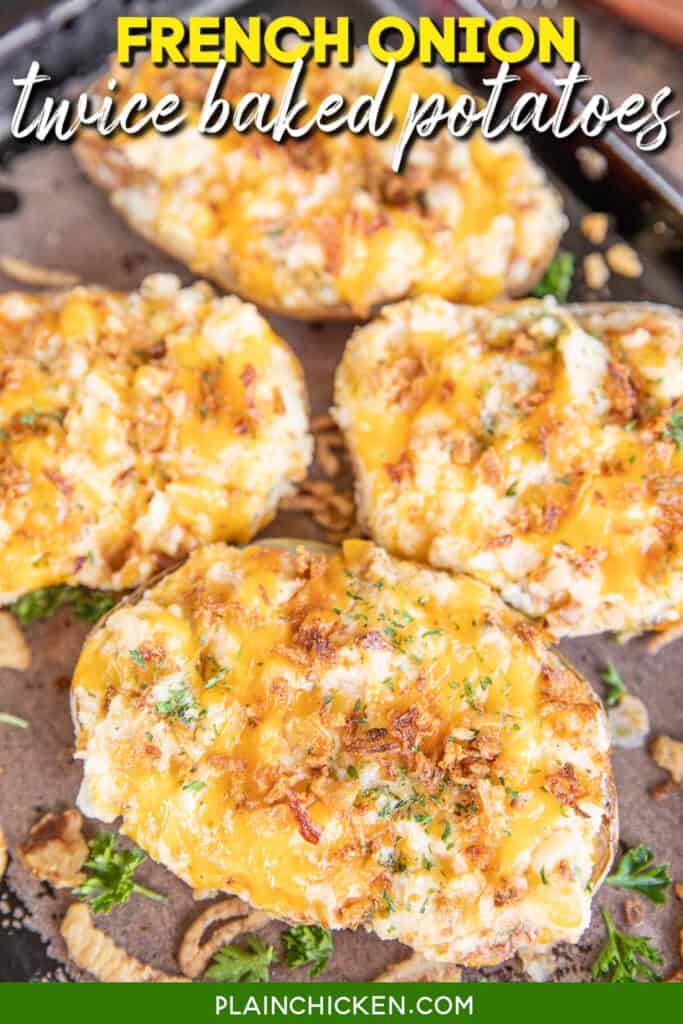 Twice baked potatoes on a baking sheet with text overlay