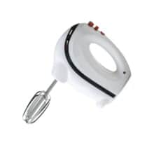 A black and white hand mixer with red buttons.