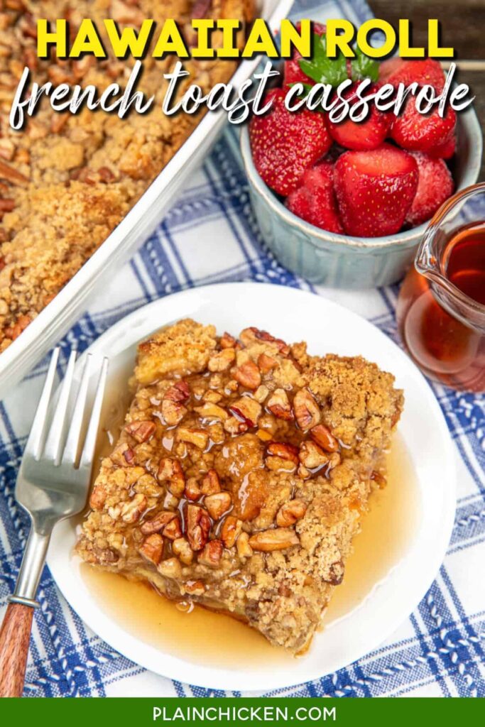 Slice of French toast in casserole on a plate covered with syrup with text overlay