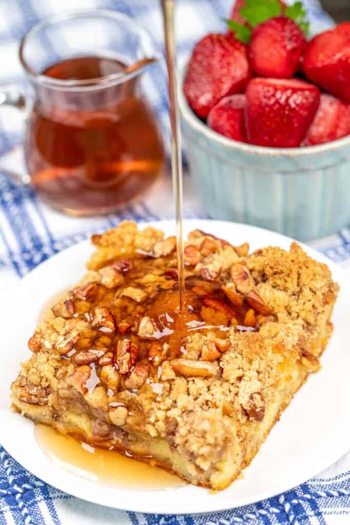 Pour syrup over a slice of French bread in a casserole dish