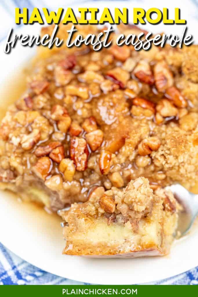 Cutting a slice of French toast into a casserole dish with text overlay