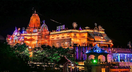 Mathura: Sri Krishna Janamsthan temple was illuminated on the occasion of Sri Krishna Janmashtami in Mathura on Thursday, September 7, 2023. (PTI Photo) (PTI09_07_2023_000082B)