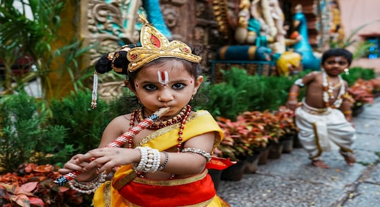 Bengaluru: A boy dressed as Lord Krishna takes part in a dress-up contest during the Krishna Janmashtami festival in Bengaluru on Wednesday, September 6, 2023. (PTI Photo/Shailendra Bhojak) (PTI09_06_2023_000189B)