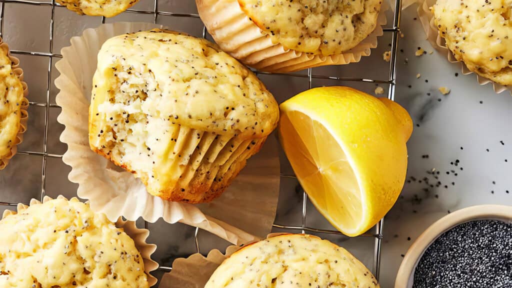 Lemon poppy seed muffins cooling on a wire rack, one of which is partially unwrapped in a paper wrapper. Nearby, a halved lemon and a small bowl of black poppy seeds enhance these delicious lemon desserts, with muffin crumbs and poppy seeds scattered throughout.