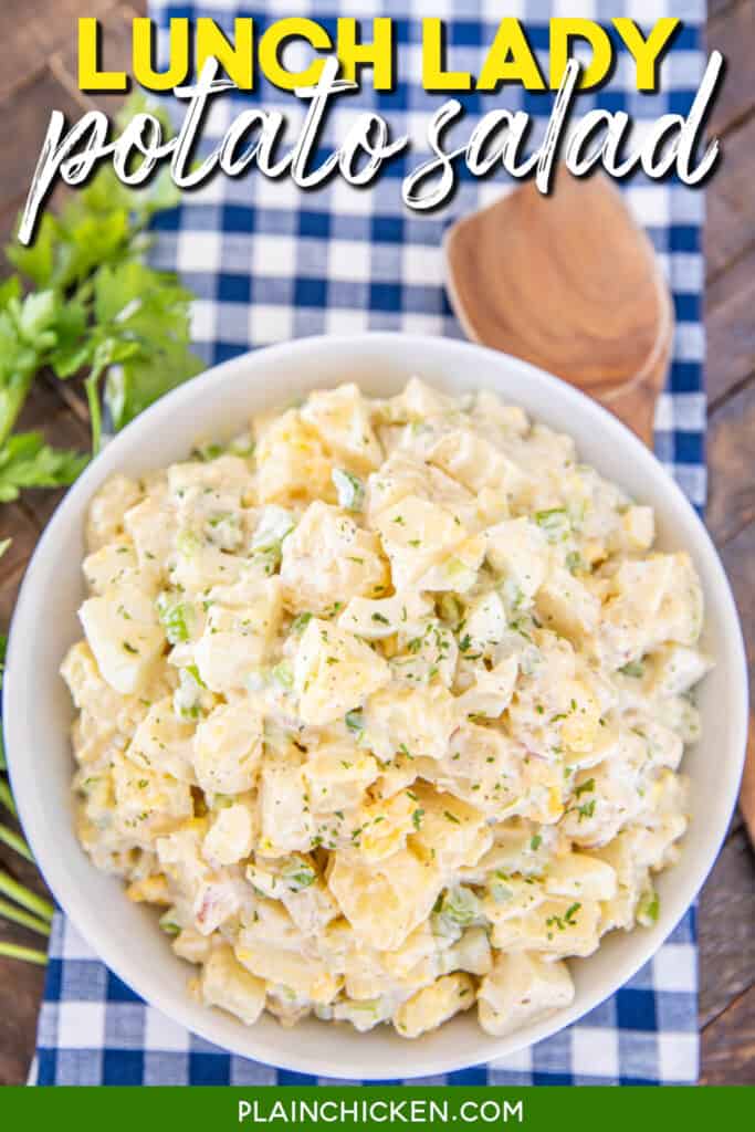 Bowl of potato salad with text overlay