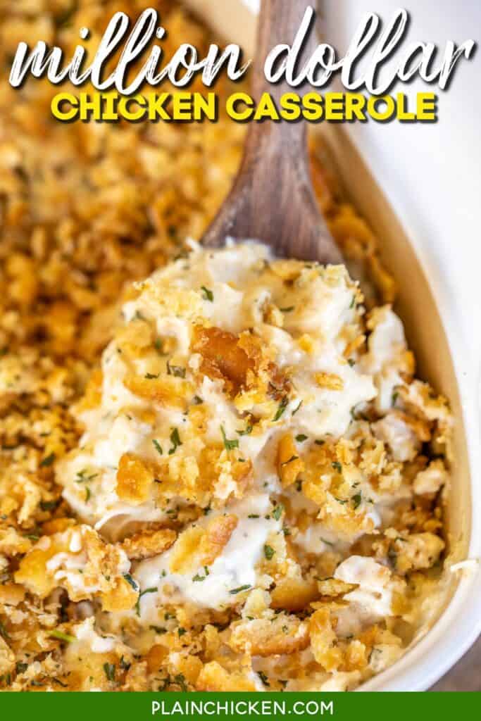 Chicken casserole with a spoon from a baking dish