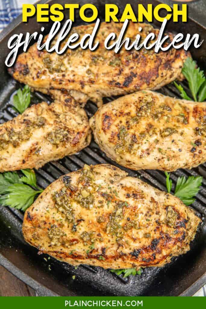 Chicken cooked on a cast iron grill with text overlay