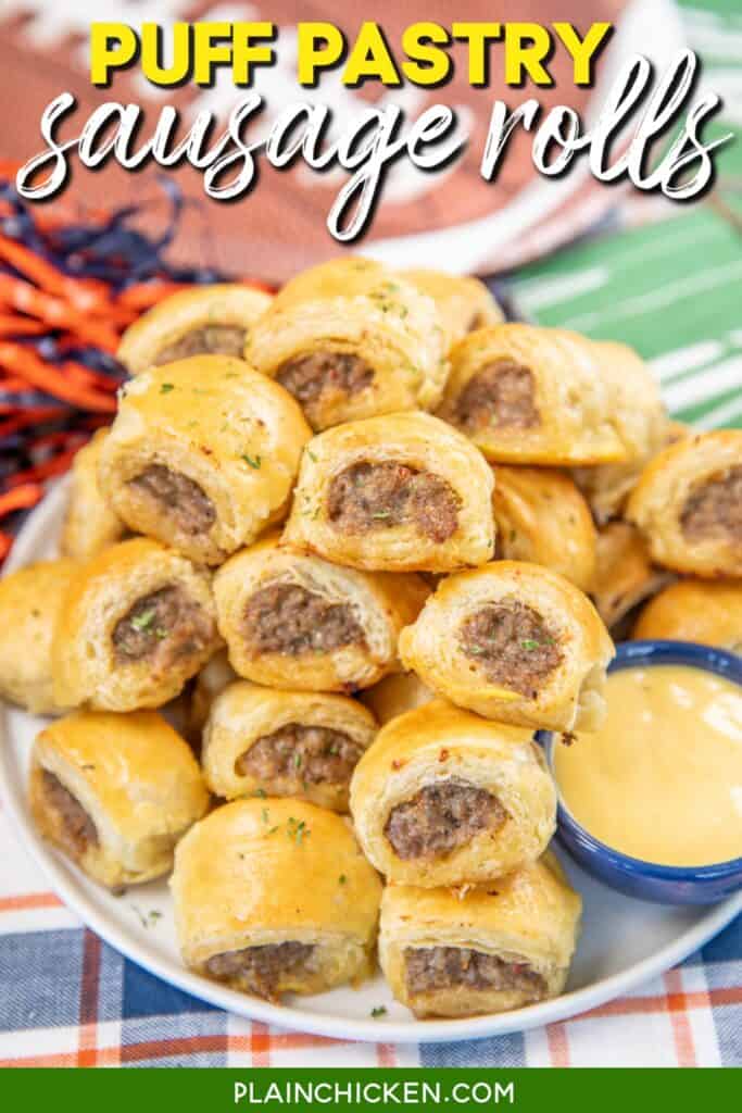 Plate of sausage rolls with text overlay