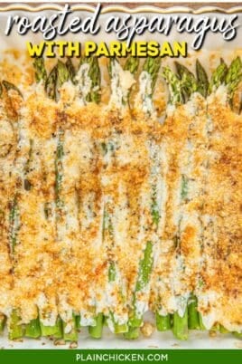 Asparagus parmesan in a baking dish with text overlay