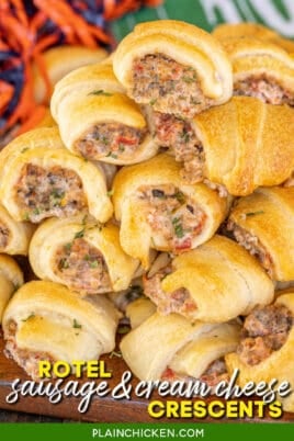 Tray of crescent-shaped rolls filled with sausage, cream cheese and rotel