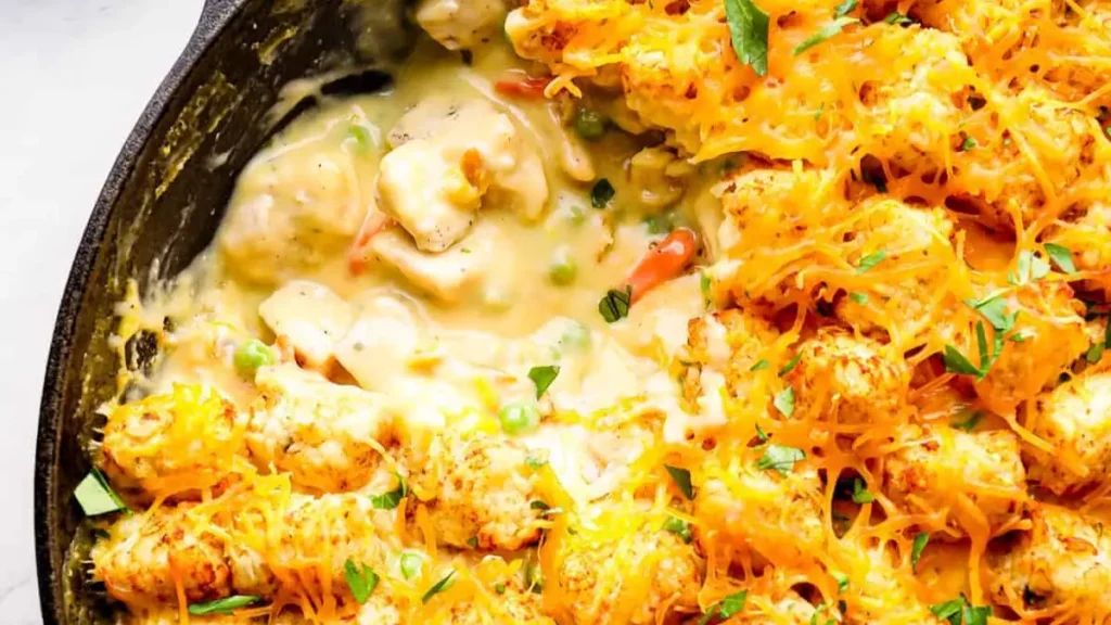 A close up image of a Chicken Tater Tot Casserole.