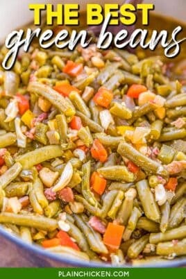 Pot of green beans with peppers, onions and bacon with text overlay