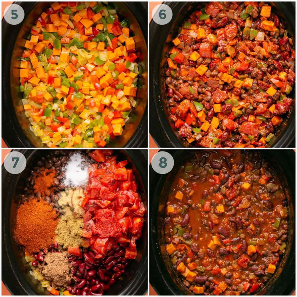 Steps 5 to 8 for the vegetarian chili recipe