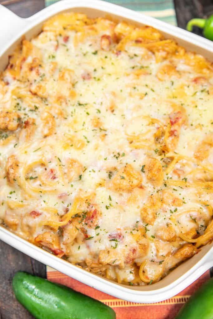 oven dish of spaghetti with chicken and cheese