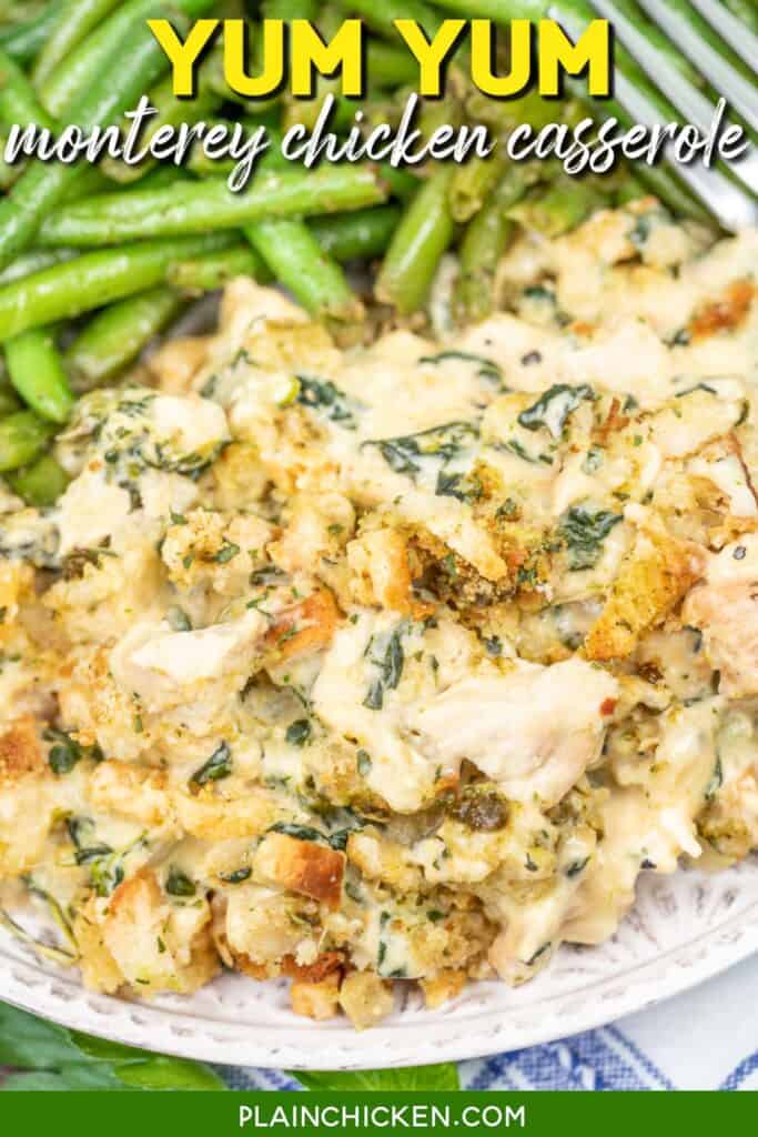 Chicken and Stuffing Casserole Dish with Text Overlay