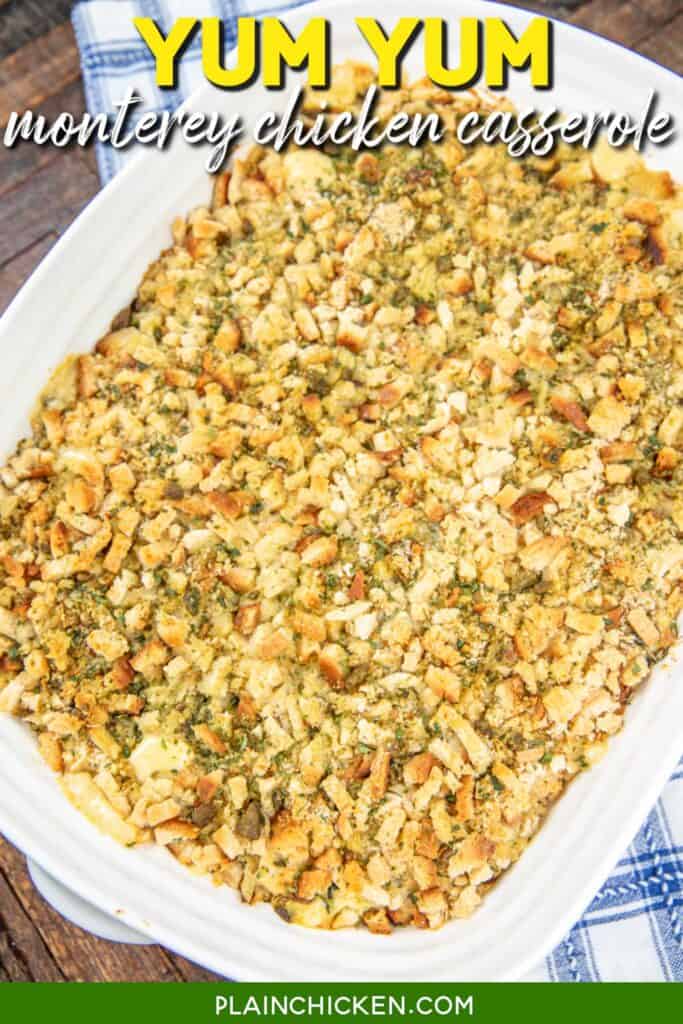 Chicken and Stuffing Baking Dish with Text Overlay