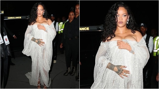 Rihanna stole the show at Alaïa Spring 2025 in a custom crystal mesh coat that fell over her shoulders and revealed a glimpse of her white corset underneath. (Instagram)