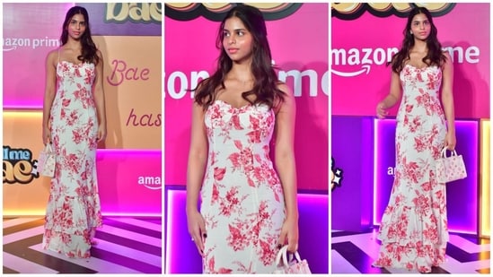 Suhana Khan opted for floral prints in a gorgeous spaghetti strap dress with a ruffled neckline. She paired it with a matching Louis Vuitton bag and glowing makeup to complete her elegant look. (HT Photo/VarinderChawla)