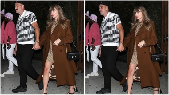 Taylor Swift was photographed out and about in New York with Travis Kelce, wearing a chic Gucci minidress and brown trench coat. She accessorized her chic look with a black handbag, necklace, earrings, and rings. (Instagram/@JustJared)