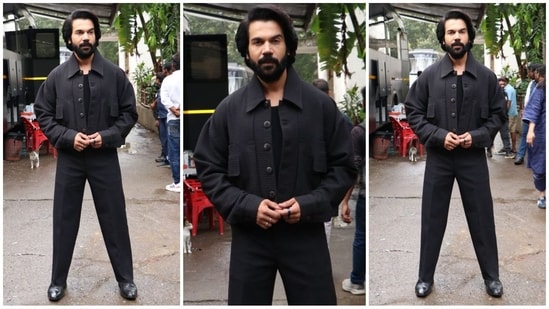 Rajkummar Rao sported an all-black look with a simple T-shirt, denim jacket and straight-leg trousers. He completed his dapper look with a beard and shiny shoes. (HT Photo/VarinderChawla)