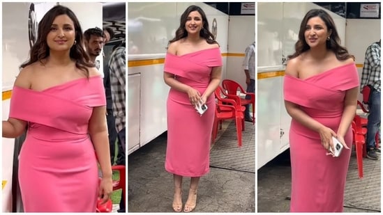 Parineeti Chopra stuns in a radiant pink bodycon dress with an off-shoulder neckline and a fitted cut. She paired it with stud earrings and nude-hued stilettos for the perfect look. (Instagram)