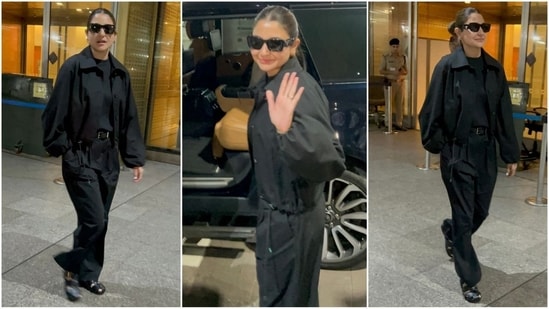 Anushka Sharma's chic airport look turned heads as she returned from London. Dressed in an all-black ensemble that included a stylish tee, a chic jacket and wide-leg pants, she pulled off an effortlessly chic look. Paired with black sunglasses and shiny flats, her look was the perfect combination of comfort and elegance. (HT Photo/VarinderChawla)