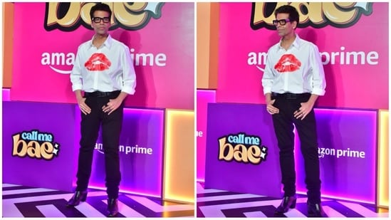 Next on the list is Karan Johar, who wore a white T-shirt with a bold red lip print in the middle. He paired it with skinny black jeans, shiny shoes and clear black-framed glasses, giving him a total rocker vibe. (HT Photo/VarinderChawla)