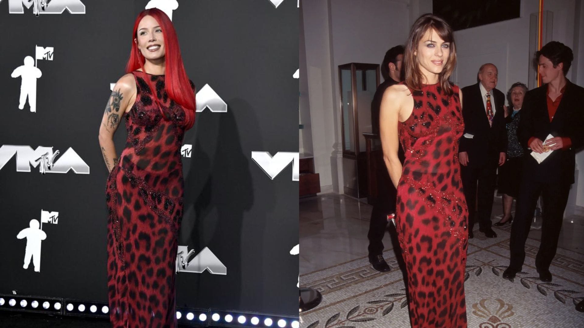 Halsey pays homage to Elizabeth Hurley with her 1991 red dress.