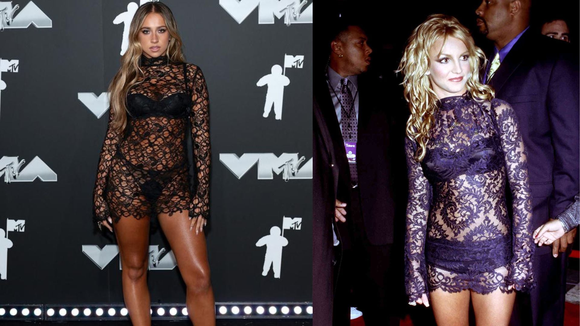 Tate McRae pays tribute to Britney Spears by recreating her 2001 VMAs red carpet look.